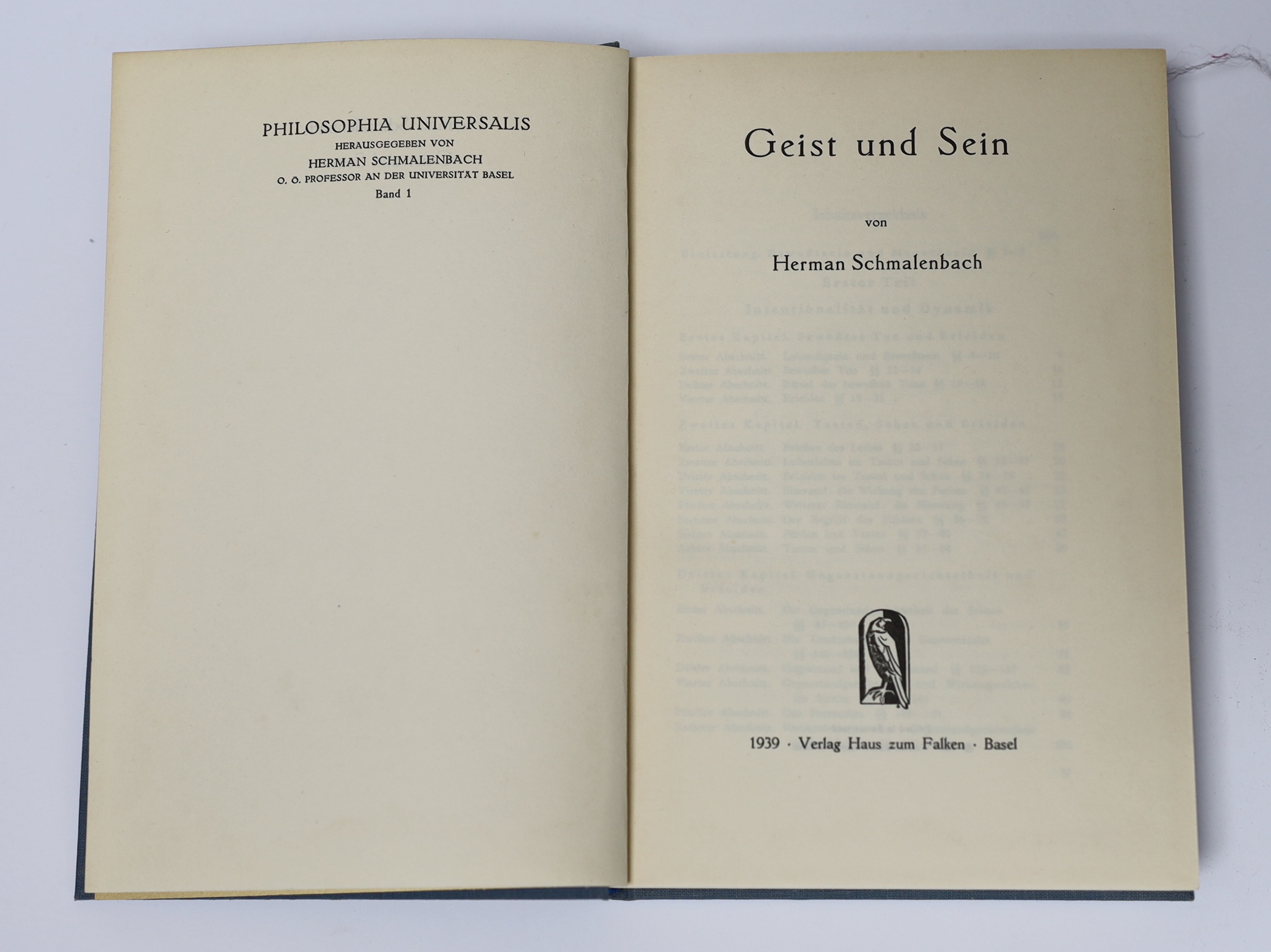 Schmalenbach, Herman - Geist und Sein. First Edition. inscribed by author; publisher's cloth. Basle: Verlag Haus zum Falken, 1939